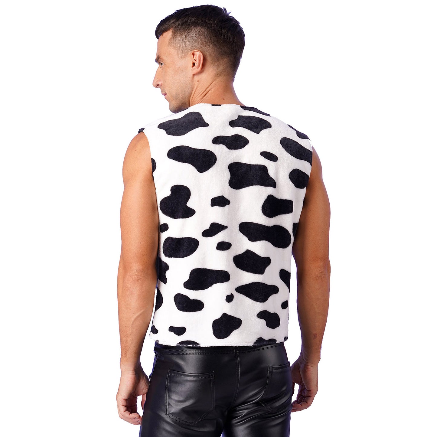 Men Western Cowboy Costume Cow Print Vest Flannel Metallic Cardigan Open Front Tassel Waistcoat Halloween Cosplay Party Dress Up