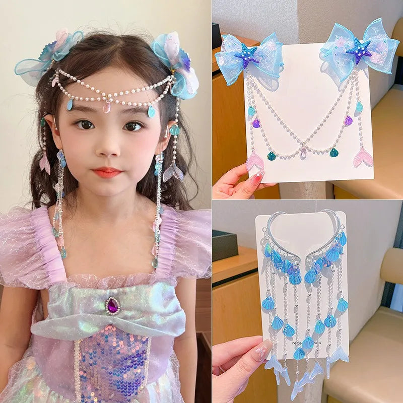 Baby Girls Cute Mermaid Princess Pearl Tassel Bow Forehead Chain Hair Clip Children Hair Accessories Girls Super Hair Clip TM04