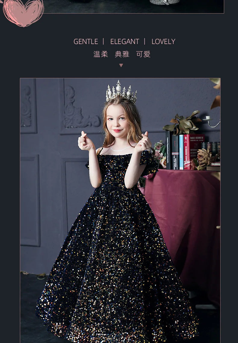 Girl's Western Style Evening Dress Flower Girl Sequined Catwalk Host Piano Performance Princess Dress