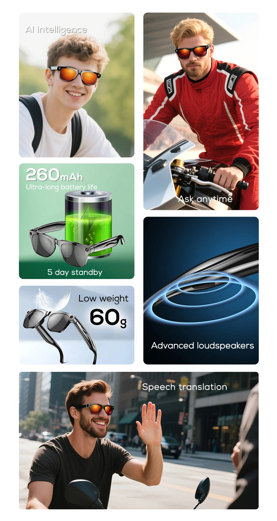 Smart Glasses 100W Camera Anti-shake Video Recording Music Control Photo Recognition Bluetooth Call Sports Sunglasses Waterproof