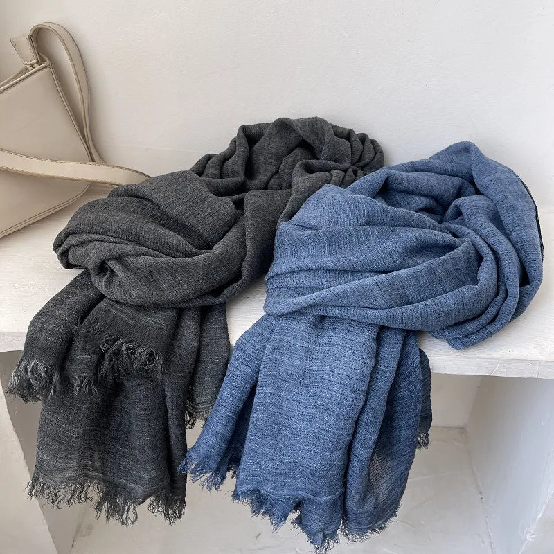 Scarf Women's Autumn Literary and Artistic Fresh and Versatile Contrasting Color Striped Texture Same Cotton Linen Thin Shawl