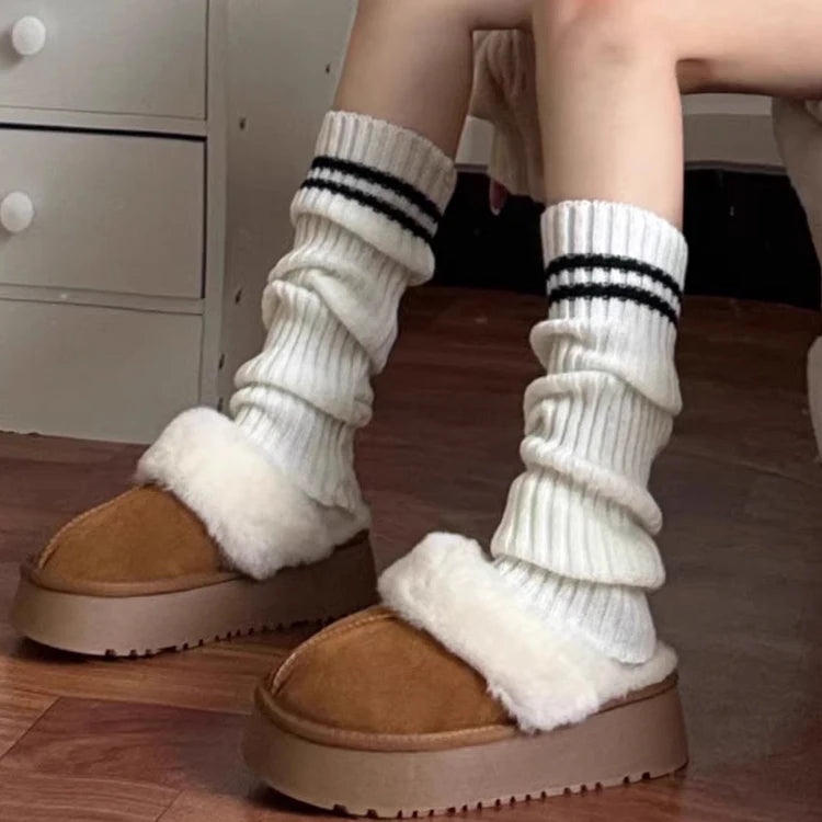 Autum Lolita Striped Leg Warmers Socks Female Knitted Warm Foot Cover Women Warmer Lady Autumn Crochet Heap Socks Boot Cuffs