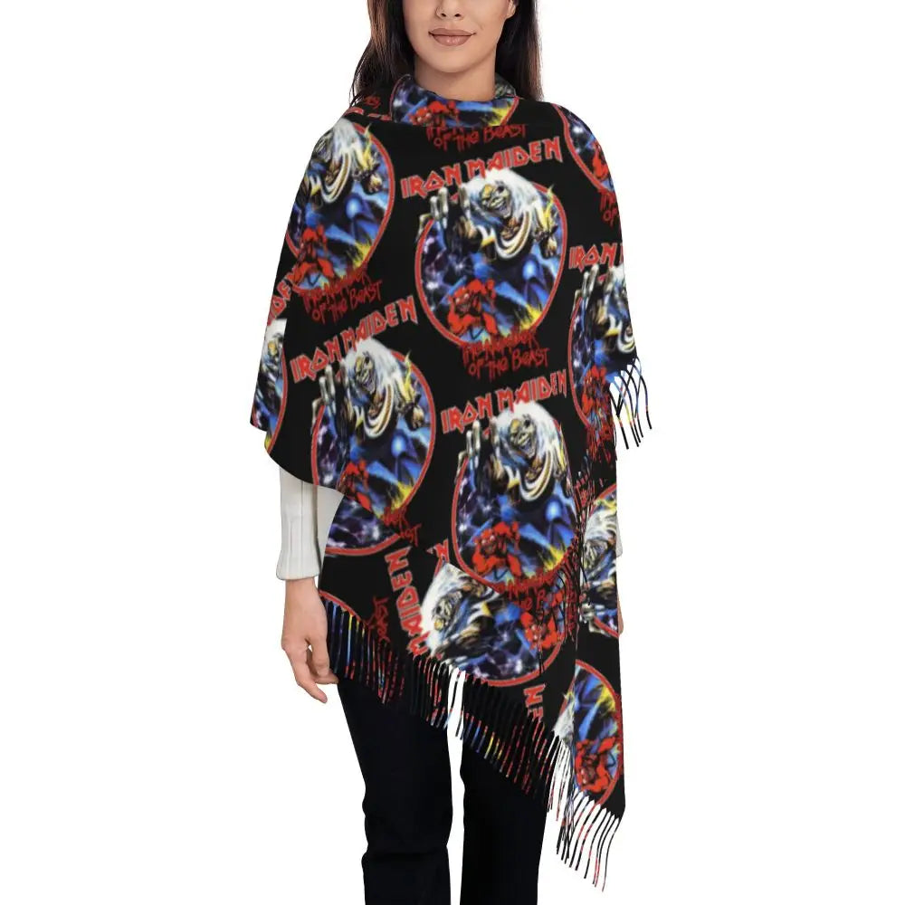 Custom Female Large British Heavy Metal Rock Iron Maidens Scarves Women Winter Soft Warm Tassel Shawl Wraps Scarf