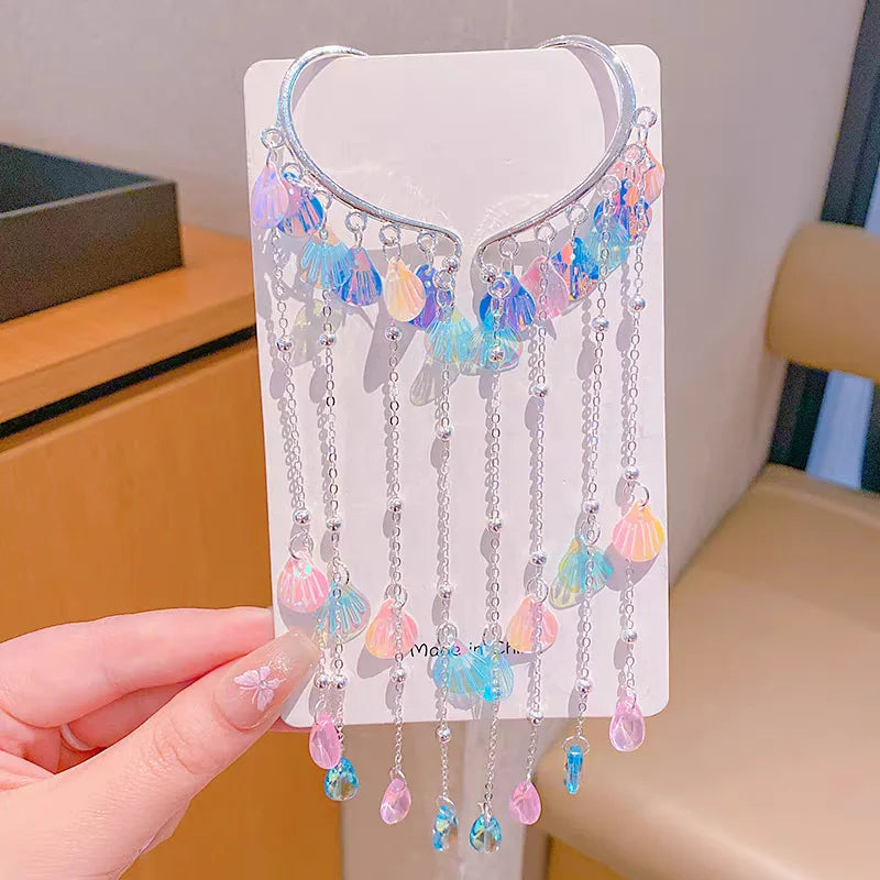 Baby Girls Cute Mermaid Princess Pearl Tassel Bow Forehead Chain Hair Clip Children Hair Accessories Girls Super Hair Clip TM04