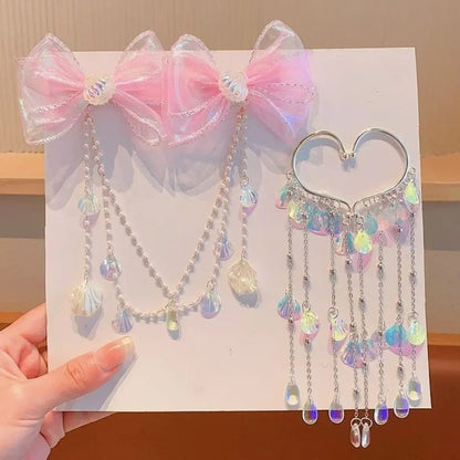 Baby Girls Cute Mermaid Princess Pearl Tassel Bow Forehead Chain Hair Clip Children Hair Accessories Girls Super Hair Clip TM04