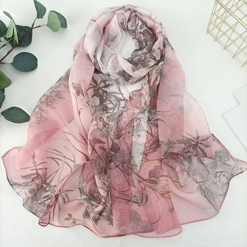 Women Elegant Chiffon Silk Scarves Fashion Versatile Flower Wraps Summer Beach Sunscreen Thin Scarf Georgette Bandana Hijab