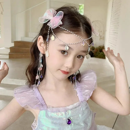 Baby Girls Cute Mermaid Princess Pearl Tassel Bow Forehead Chain Hair Clip Children Hair Accessories Girls Super Hair Clip TM04