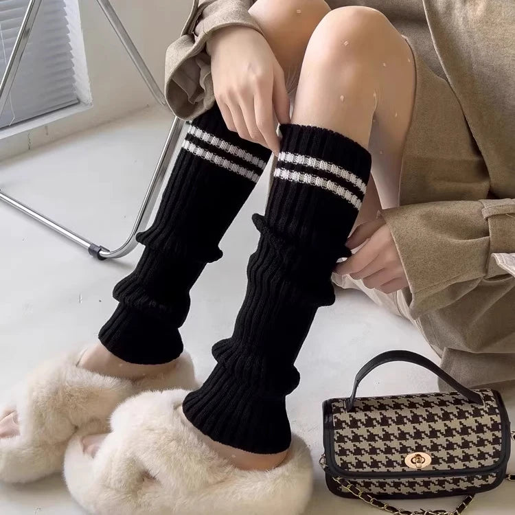 Autum Lolita Striped Leg Warmers Socks Female Knitted Warm Foot Cover Women Warmer Lady Autumn Crochet Heap Socks Boot Cuffs