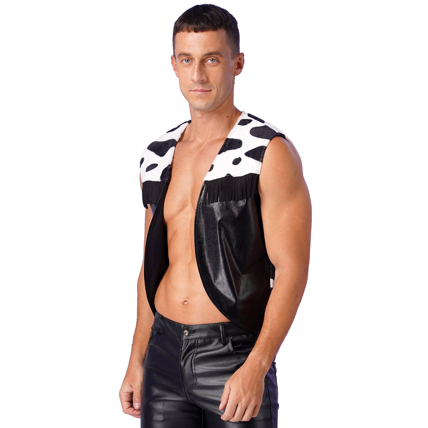 Men Western Cowboy Costume Cow Print Vest Flannel Metallic Cardigan Open Front Tassel Waistcoat Halloween Cosplay Party Dress Up