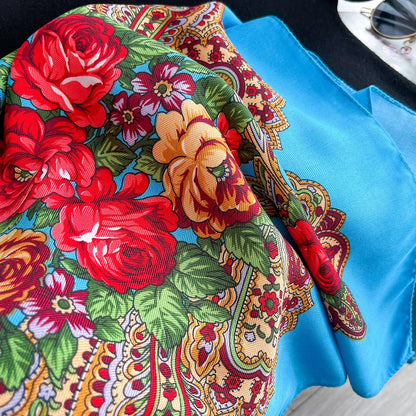 Women Russian Floral Scarf Ethnic Style Square Bandana Head Scarves Ladies Handkerchief Headband Silk Scarf Hair Wraps 2025