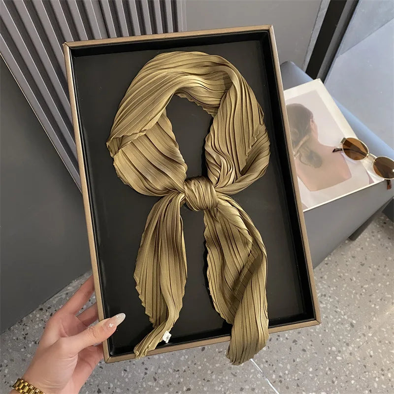 Women Square Scarf Skinny Ribbon Head Neck Small Pleated Hair Tie Band Kerchief Satin Foulard Scarves Headscarf Neckerchief