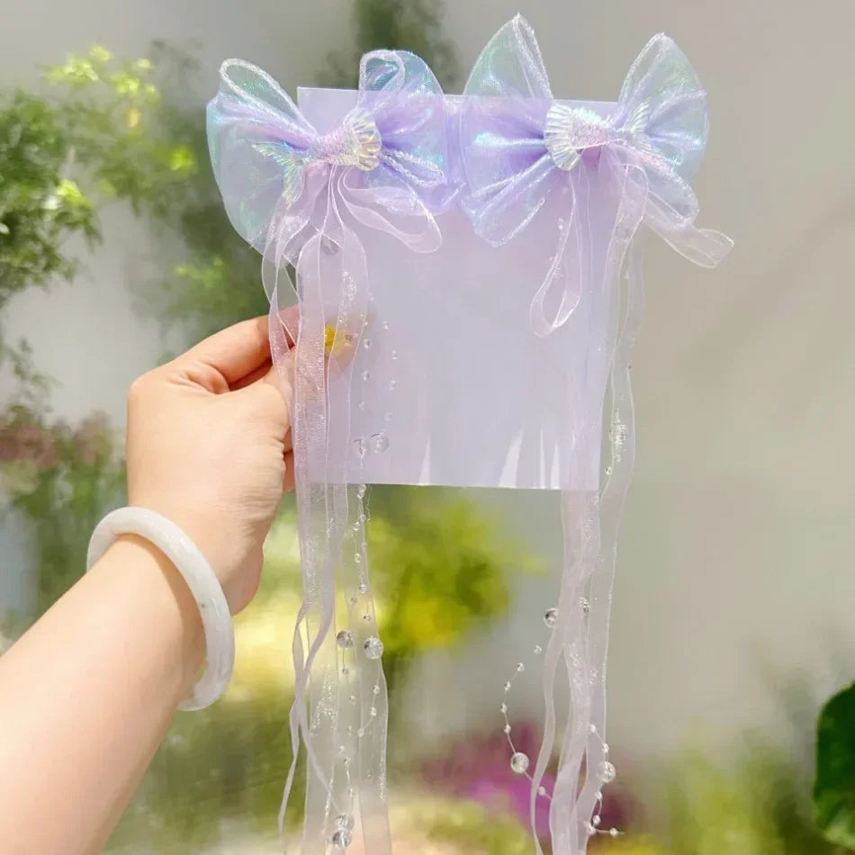 Baby Girls Cute Mermaid Princess Pearl Tassel Bow Forehead Chain Hair Clip Children Hair Accessories Girls Super Hair Clip TM04