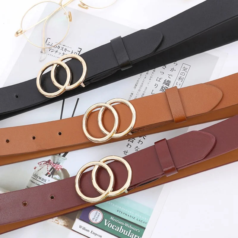 Double Ring Belts for Women Fashion Dress Jeans Belt PU Leather Metal Buckle Round Black Waist Belts Lady Girl Leisure Waistband