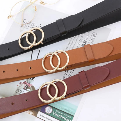 Double Ring Belts for Women Fashion Dress Jeans Belt PU Leather Metal Buckle Round Black Waist Belts Lady Girl Leisure Waistband