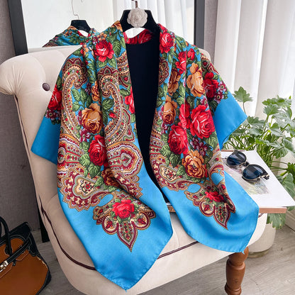 Women Russian Floral Scarf Ethnic Style Square Bandana Head Scarves Ladies Handkerchief Headband Silk Scarf Hair Wraps 2025