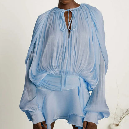 Dresses For Woman French Vestidos Elegant Puff Sleeve Dress Fashionable Loose Lace-up Solid Color Leace-up Simple Style Trendy