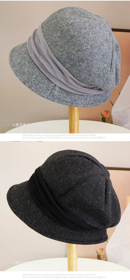 Hats for women in autumn and winter versatile woolen hats Japanese retro elegant temperament celebrity fisherman hat warm wide b