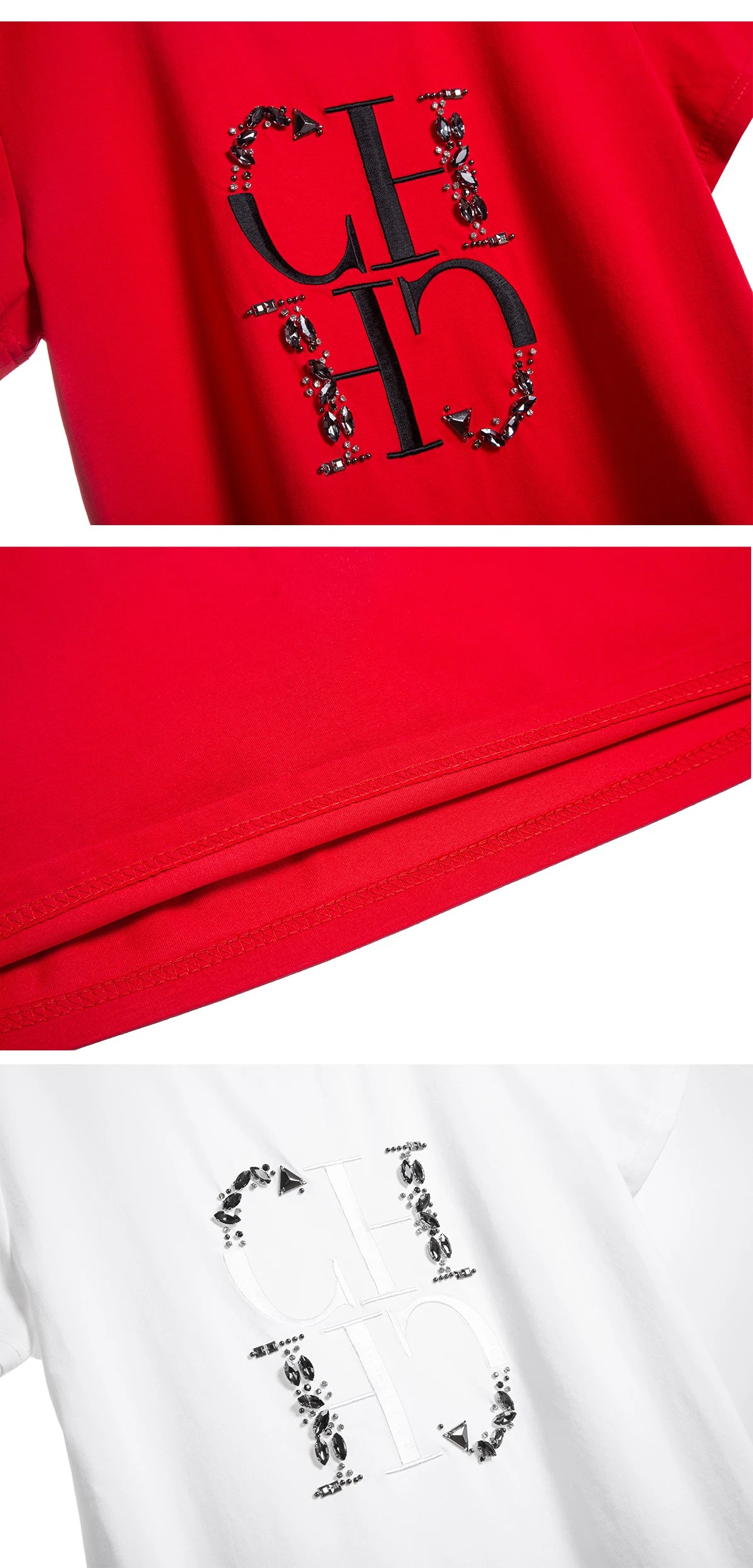 CHCH Women's T-shirt 2025 New Hand Embroidered Heavy Industry Casual Top Simple Round Neck Short Sleeve Women's Clothing