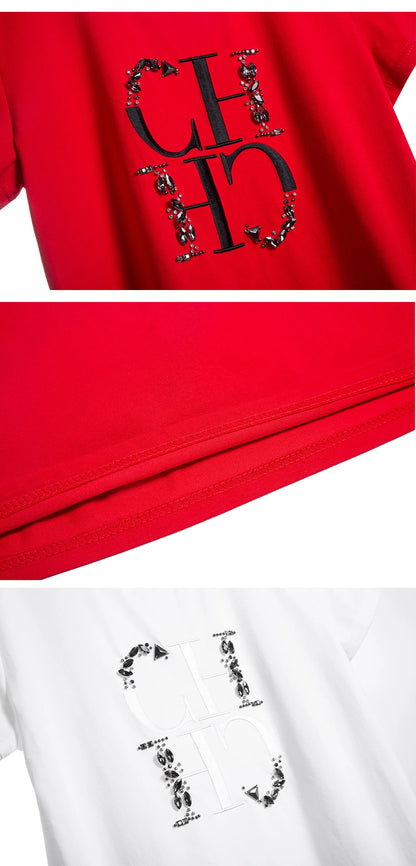 CHCH Women's T-shirt 2025 New Hand Embroidered Heavy Industry Casual Top Simple Round Neck Short Sleeve Women's Clothing