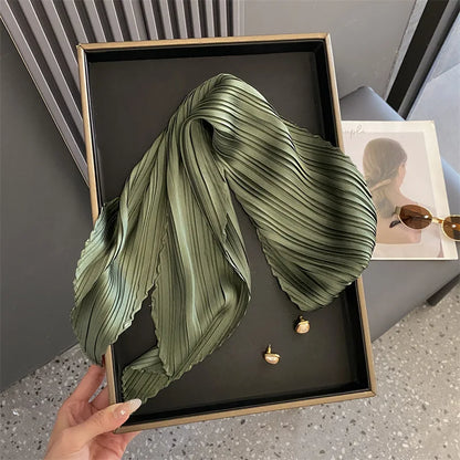 Women Square Scarf Skinny Ribbon Head Neck Small Pleated Hair Tie Band Kerchief Satin Foulard Scarves Headscarf Neckerchief