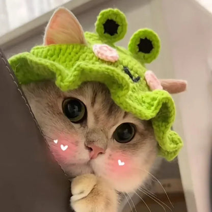 Cute Cat Hat Funny Pets Party Cosplay Headwear Delicate Hemming Pendant Decor Elasticity Knitted Hat Pet Accessories