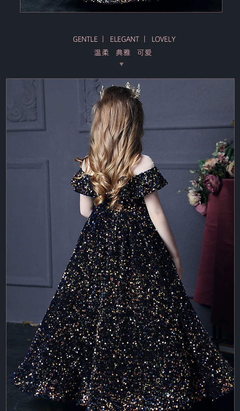 Girl's Western Style Evening Dress Flower Girl Sequined Catwalk Host Piano Performance Princess Dress