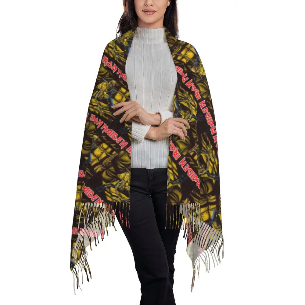 Custom Female Large British Heavy Metal Rock Iron Maidens Scarves Women Winter Soft Warm Tassel Shawl Wraps Scarf