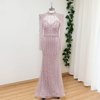 Luxury Dubai Long Sleeves Evening Dress for Women 2025 Elegant High Neck Beads Mermaid Formal Wedding Prom Party Gown Customized