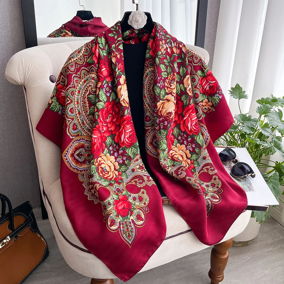 Women Russian Floral Scarf Ethnic Style Square Bandana Head Scarves Ladies Handkerchief Headband Silk Scarf Hair Wraps 2025