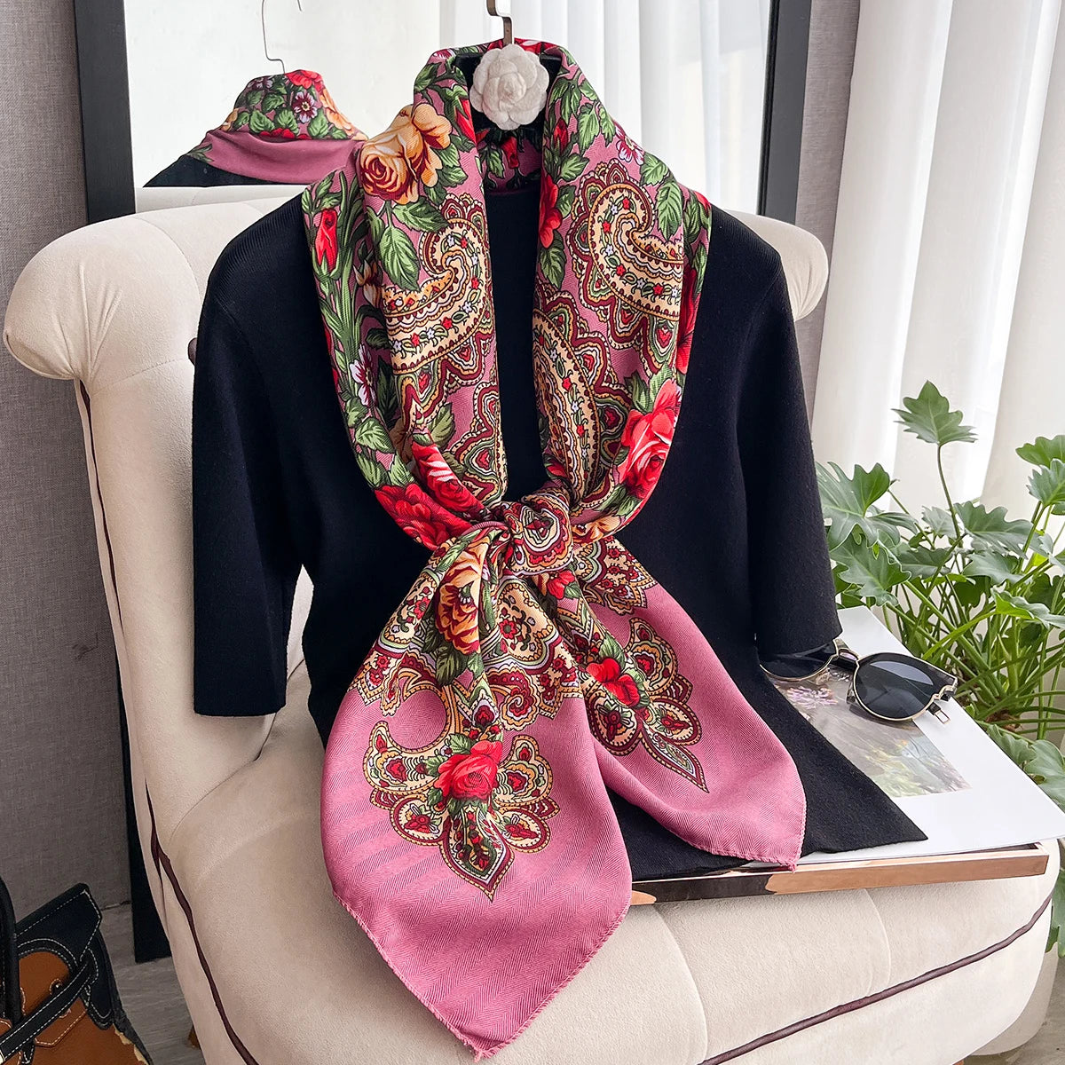 Women Russian Floral Scarf Ethnic Style Square Bandana Head Scarves Ladies Handkerchief Headband Silk Scarf Hair Wraps 2025