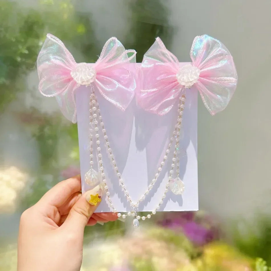 Baby Girls Cute Mermaid Princess Pearl Tassel Bow Forehead Chain Hair Clip Children Hair Accessories Girls Super Hair Clip TM04