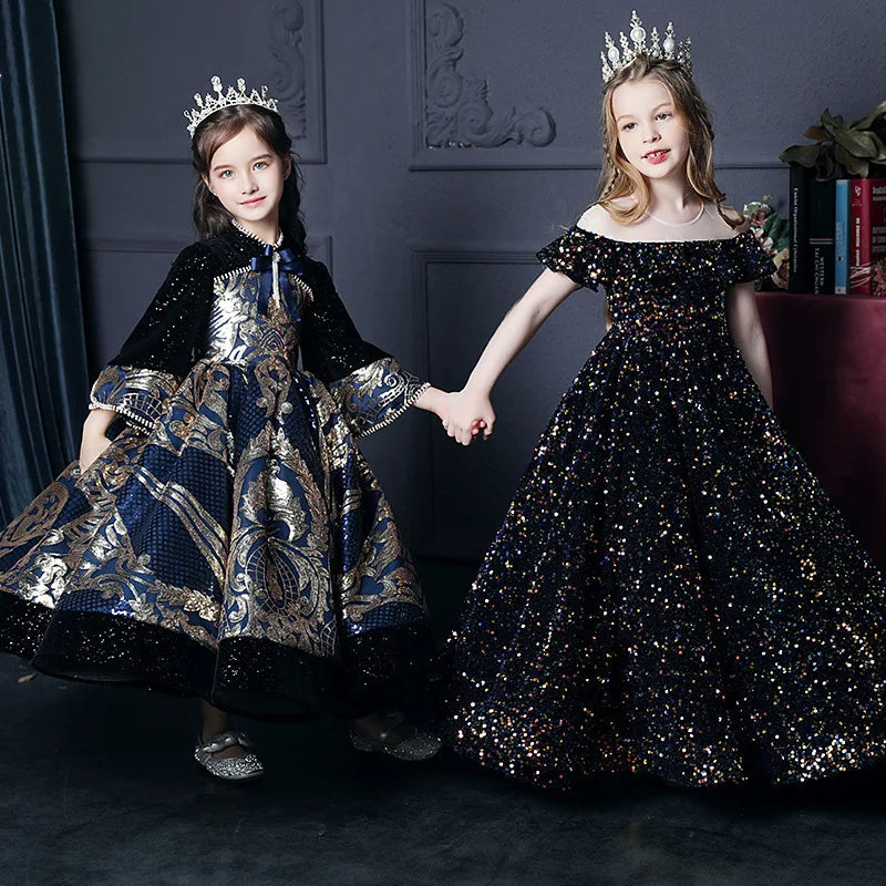 Girl's Western Style Evening Dress Flower Girl Sequined Catwalk Host Piano Performance Princess Dress