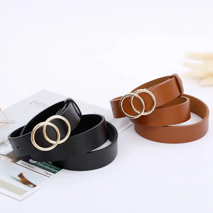 Double Ring Belts for Women Fashion Dress Jeans Belt PU Leather Metal Buckle Round Black Waist Belts Lady Girl Leisure Waistband