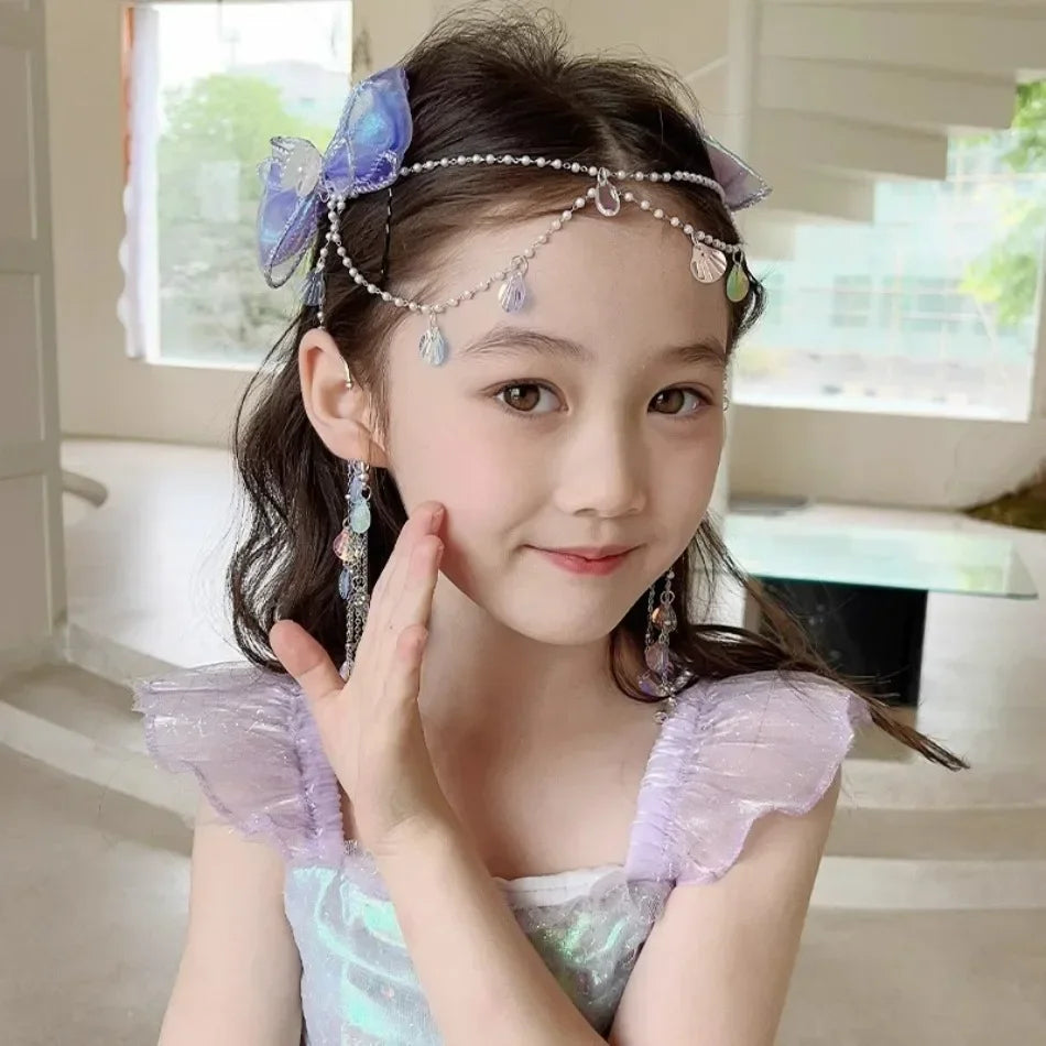 Baby Girls Cute Mermaid Princess Pearl Tassel Bow Forehead Chain Hair Clip Children Hair Accessories Girls Super Hair Clip TM04