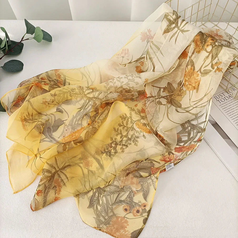 Women Elegant Chiffon Silk Scarves Fashion Versatile Flower Wraps Summer Beach Sunscreen Thin Scarf Georgette Bandana Hijab