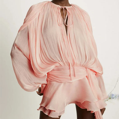 Dresses For Woman French Vestidos Elegant Puff Sleeve Dress Fashionable Loose Lace-up Solid Color Leace-up Simple Style Trendy