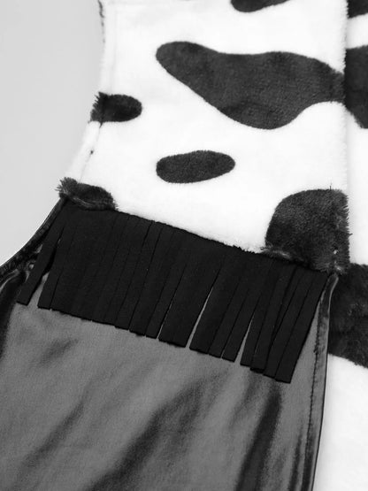 Men Western Cowboy Costume Cow Print Vest Flannel Metallic Cardigan Open Front Tassel Waistcoat Halloween Cosplay Party Dress Up