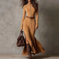 Women's Western Shirt Dress Ruched Wrap Maxi Dress High Slit Ruffle Hem Long Sleeve Flowy Chic Elegant Outing Dress