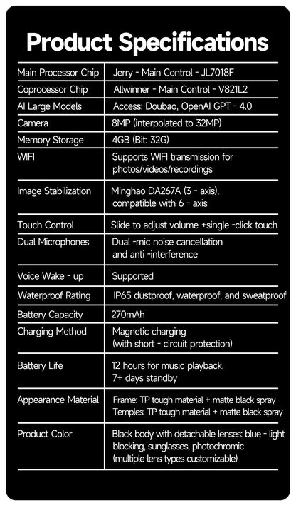 Smart Glasses 8 Million Pixels Recording Videos AI Photo Recognition Answer Translation 270mAh IP65 Waterproof Bluetooth Glasses