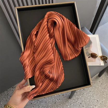 Women Square Scarf Skinny Ribbon Head Neck Small Pleated Hair Tie Band Kerchief Satin Foulard Scarves Headscarf Neckerchief