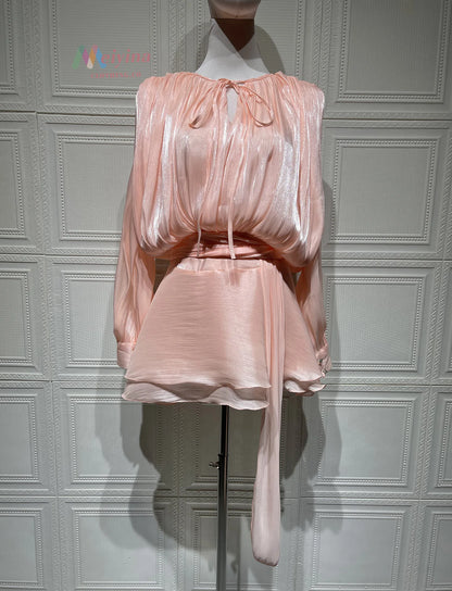 Dresses For Woman French Vestidos Elegant Puff Sleeve Dress Fashionable Loose Lace-up Solid Color Leace-up Simple Style Trendy