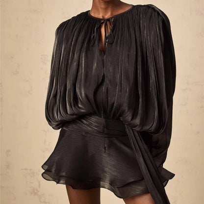 Dresses For Woman French Vestidos Elegant Puff Sleeve Dress Fashionable Loose Lace-up Solid Color Leace-up Simple Style Trendy