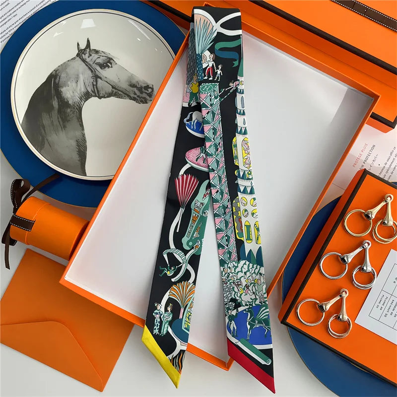 100% Silk High Quality Luxury Brand Goods Scarf Women Headband Foulard Tie Ribbon Neckerchief Skinny Scarves Hair Accessories