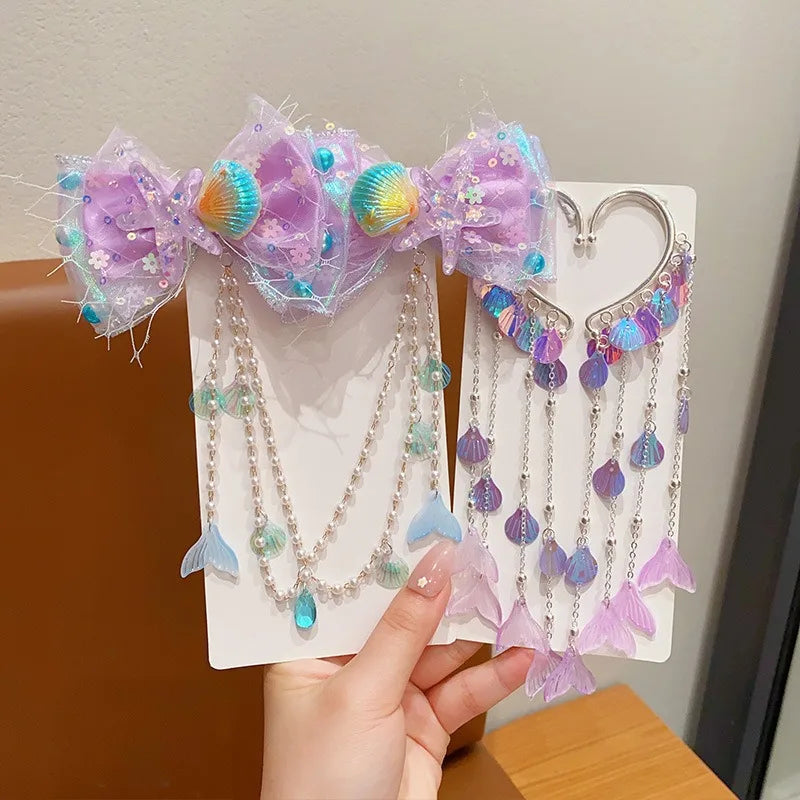 Baby Girls Cute Mermaid Princess Pearl Tassel Bow Forehead Chain Hair Clip Children Hair Accessories Girls Super Hair Clip TM04