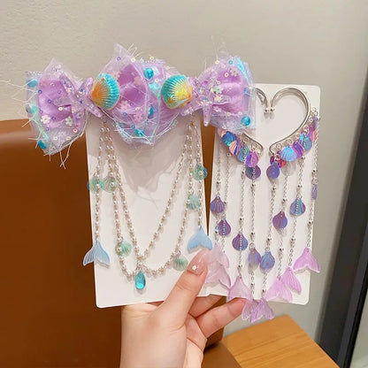 Baby Girls Cute Mermaid Princess Pearl Tassel Bow Forehead Chain Hair Clip Children Hair Accessories Girls Super Hair Clip TM04
