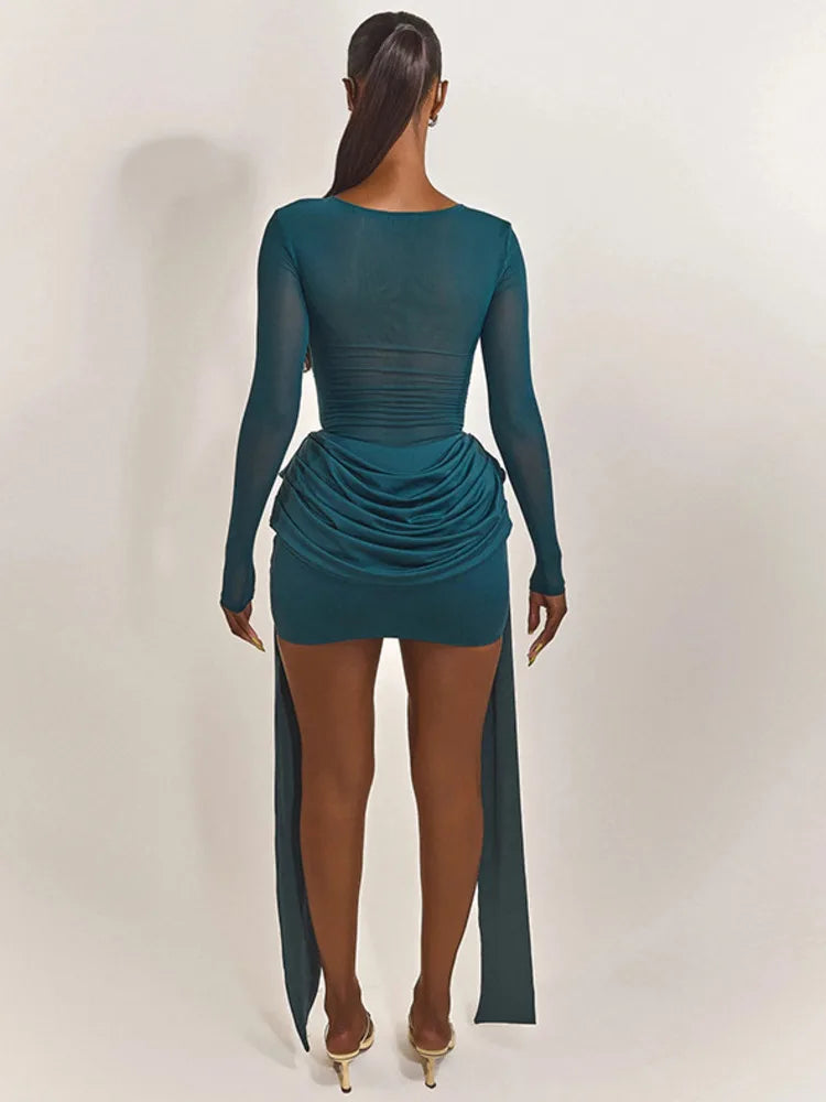 Mozision Mesh Patchwork Ruched Sexy Mini Dress Women Fashion See Through Long Sleeve Draped Skinny Club Party Dresses Elegant