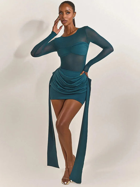 Mozision Mesh Patchwork Ruched Sexy Mini Dress Women Fashion See Through Long Sleeve Draped Skinny Club Party Dresses Elegant