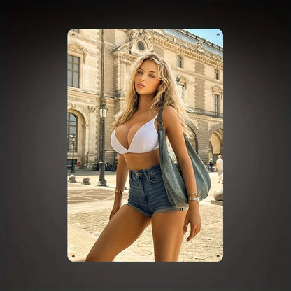 Sexy Blonde Model Metal Mural 8x12 Inches - Battery-Free Durable Mancave Vibe Maker for Bar Garage Cafe