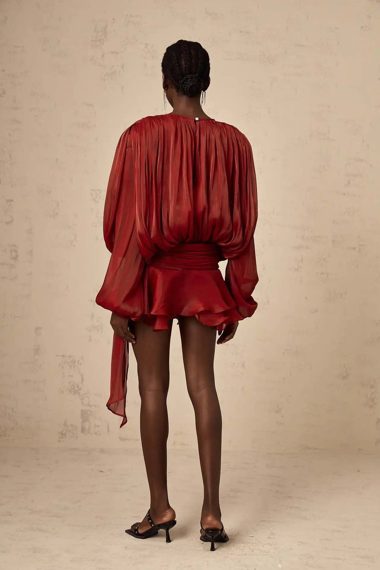 Dresses For Woman French Vestidos Elegant Puff Sleeve Dress Fashionable Loose Lace-up Solid Color Leace-up Simple Style Trendy