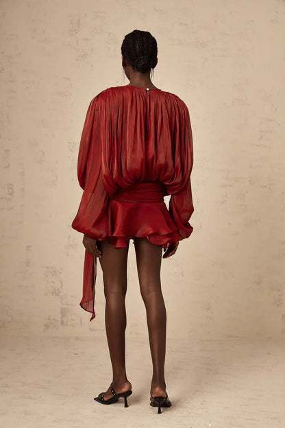 Dresses For Woman French Vestidos Elegant Puff Sleeve Dress Fashionable Loose Lace-up Solid Color Leace-up Simple Style Trendy